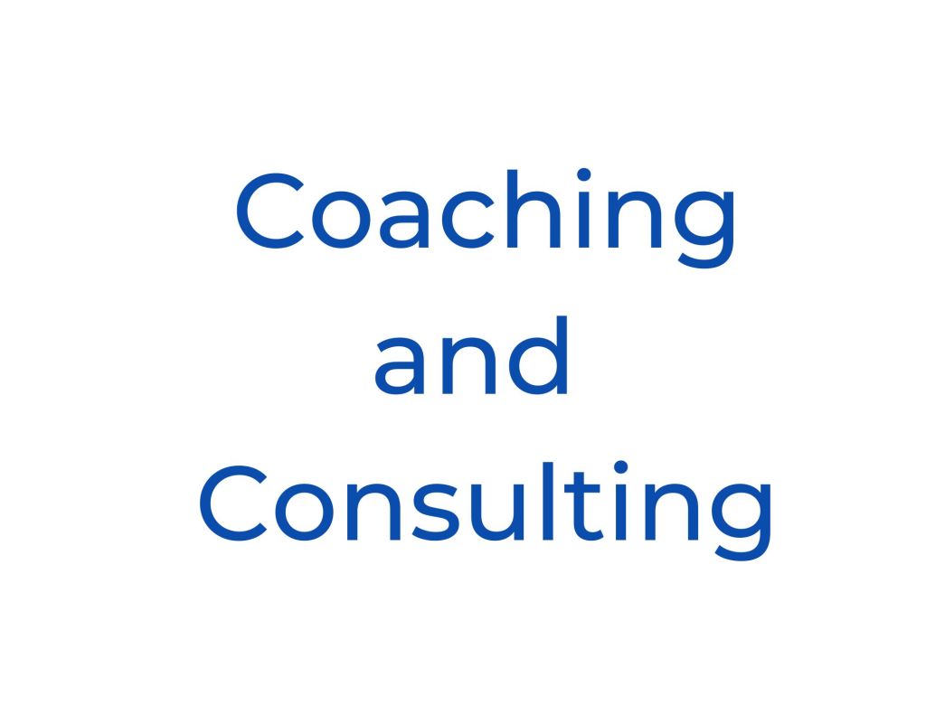 Text image displaying the words 'Coaching and Consulting' in blue font on a white background.